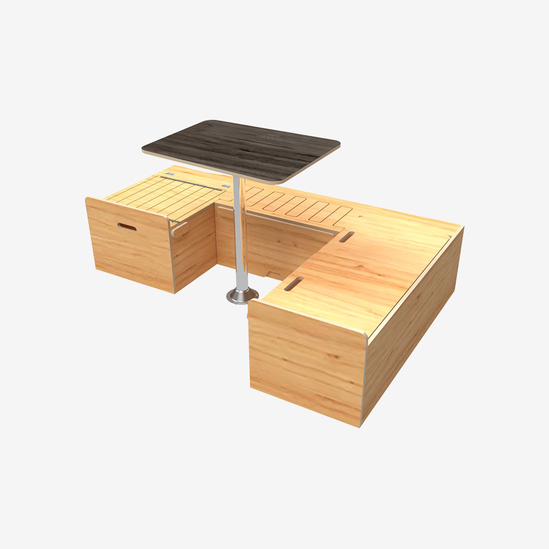 Kit aménagement de van T5 et T6 VW avec banquette en U convertible en lit. Finition contreplaqué huilé chene clair