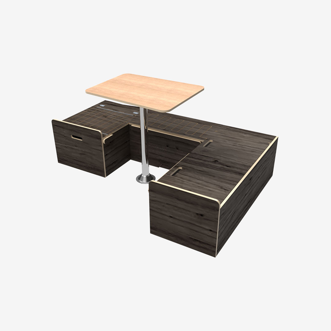 Kit aménagement de van T5 et T6 VW avec banquette en U convertible en lit. Finition contreplaqué huilé teinte noir
