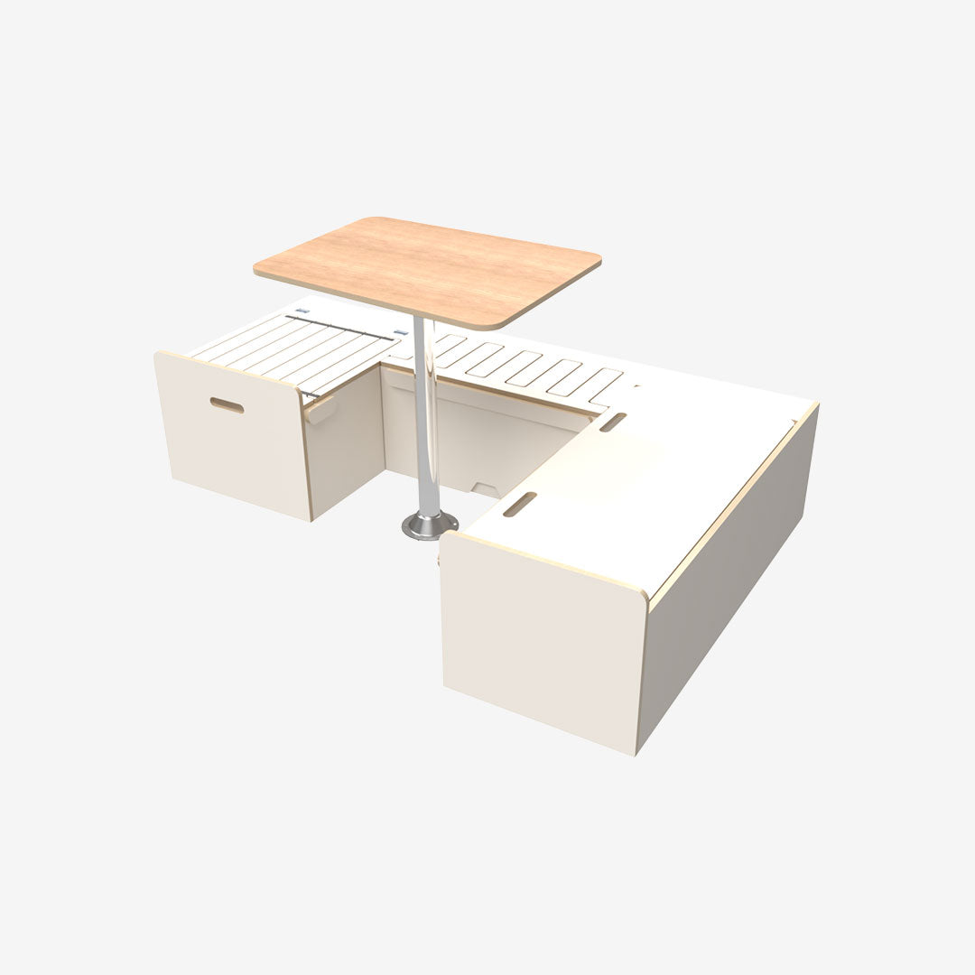 Kit aménagement de van T5 et T6 VW avec banquette en U convertible en lit. Finition contreplaqué stratifié blanc