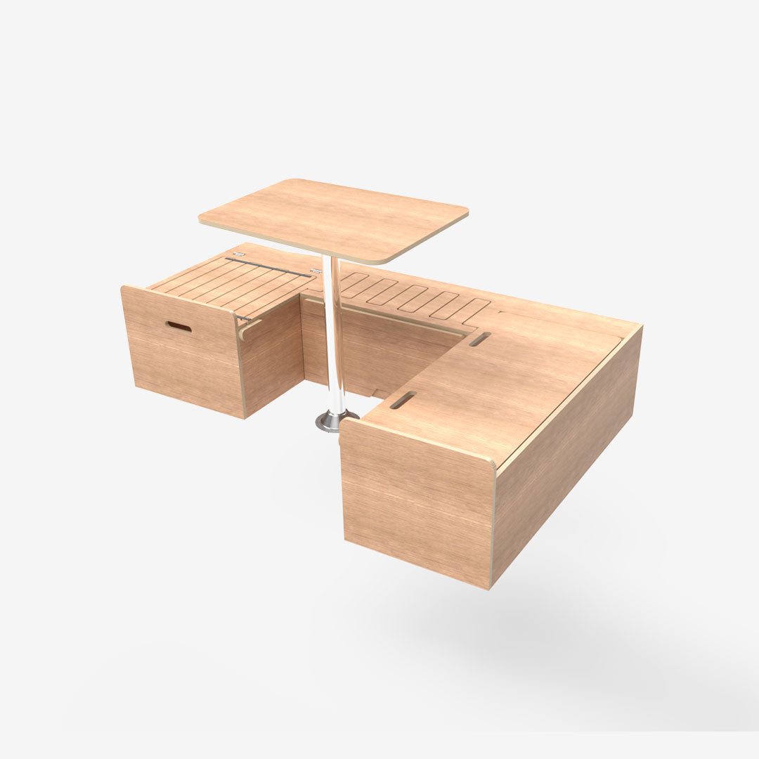Kit aménagement de van T5 et T6 VW avec banquette en U convertible en lit. Finition contreplaqué brut