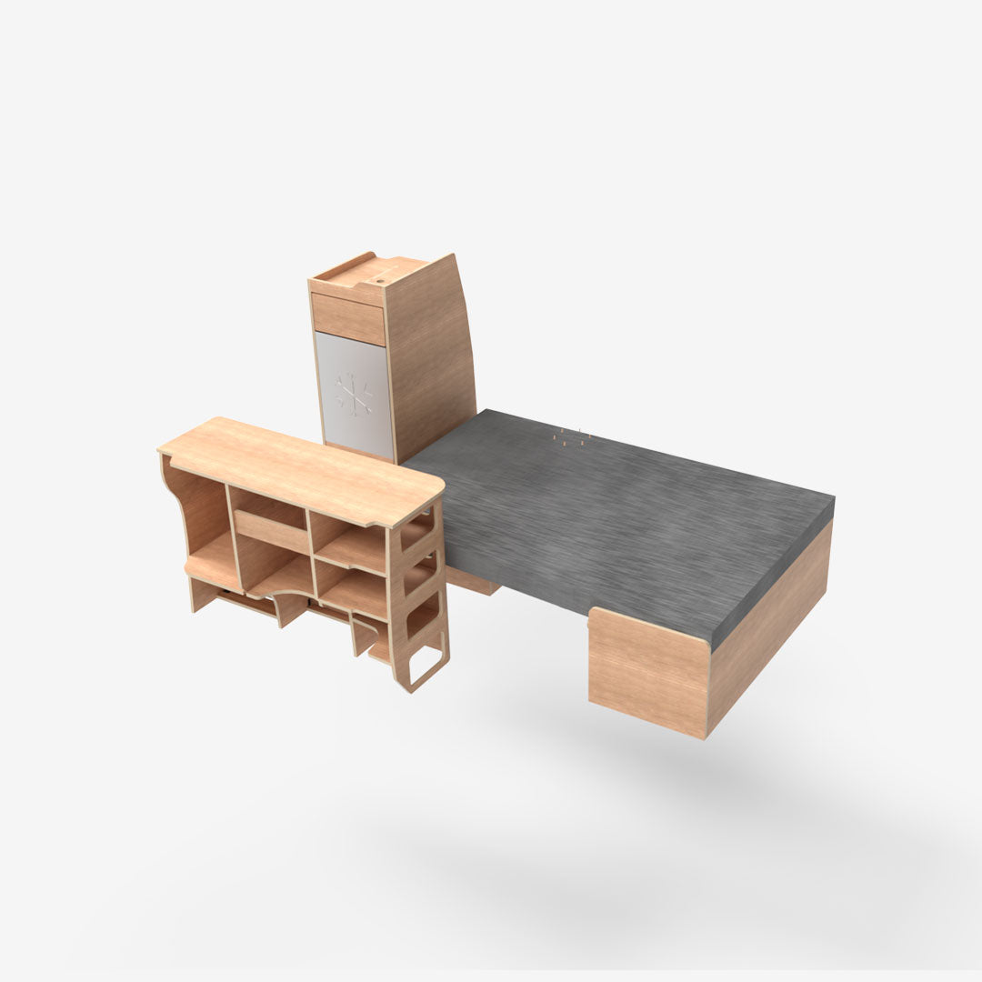 Kit complet exokit pour VW T5 et T6 avec banquette en U avant avec lit déplié et coussins, meuble latéral droit et colonne arrière gauche