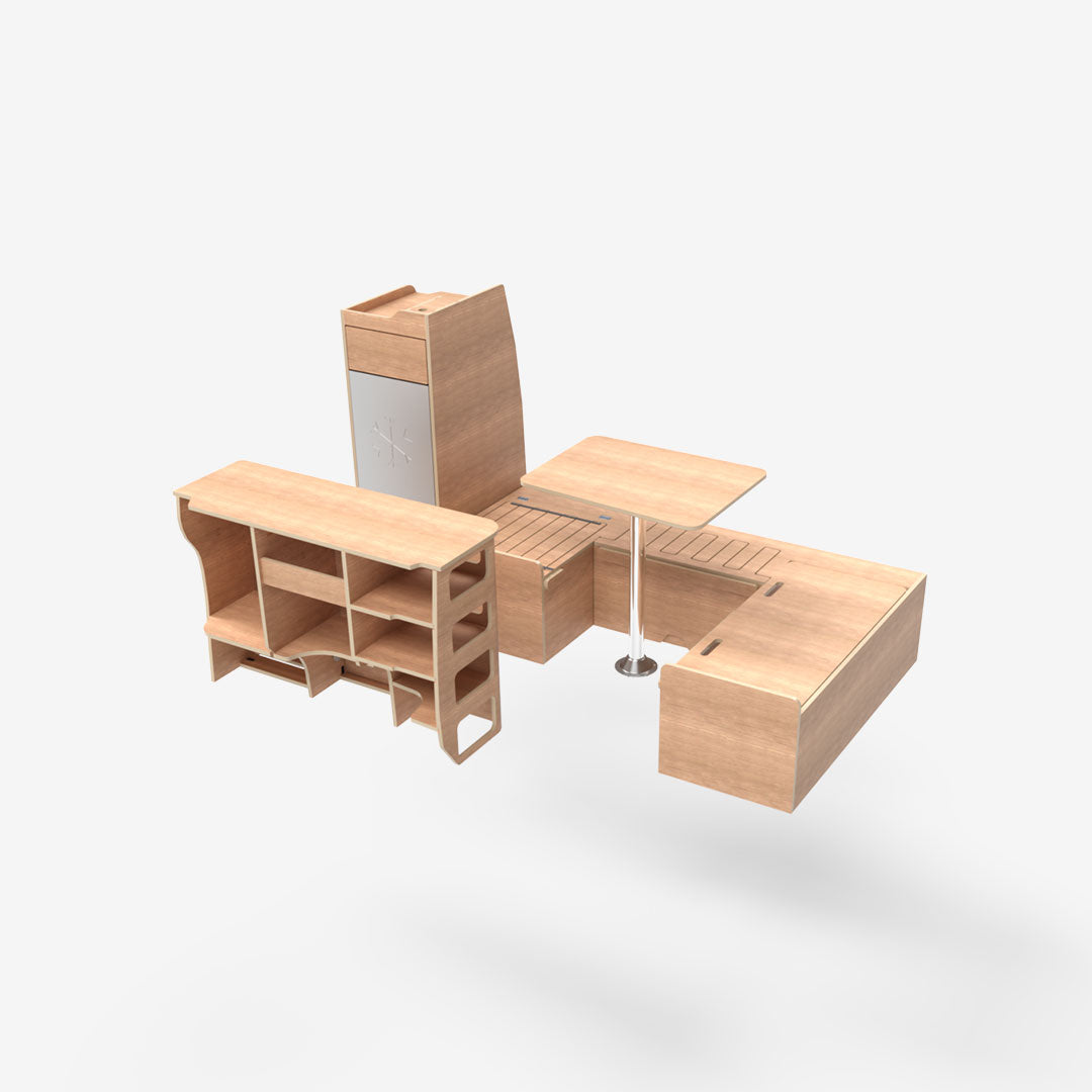 Kit complet exokit pour VW T5 et T6 avec banquette en U avant, meuble latéral droit et colonne arrière gauche