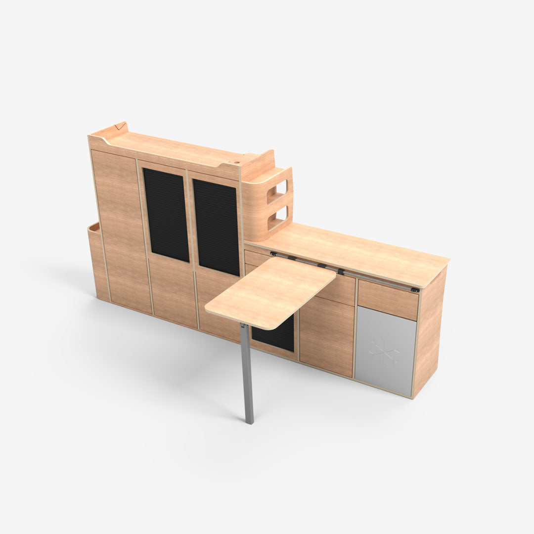 Meuble latéral gauche en kit pour renault trafic 3 L2H1 équipé, avec frigo, table, tiroirs, placards, rideaux coulissants