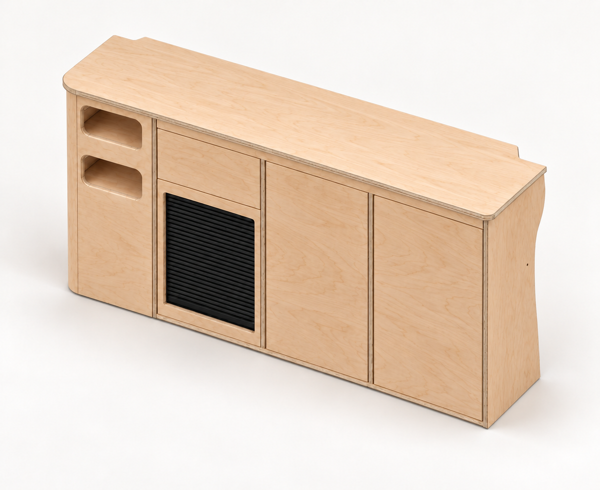 Meuble latéral droit Exokit 3 colonnes pour VW T5/T6 L2H1, contreplaqué bouleau brut, vue avant gauche