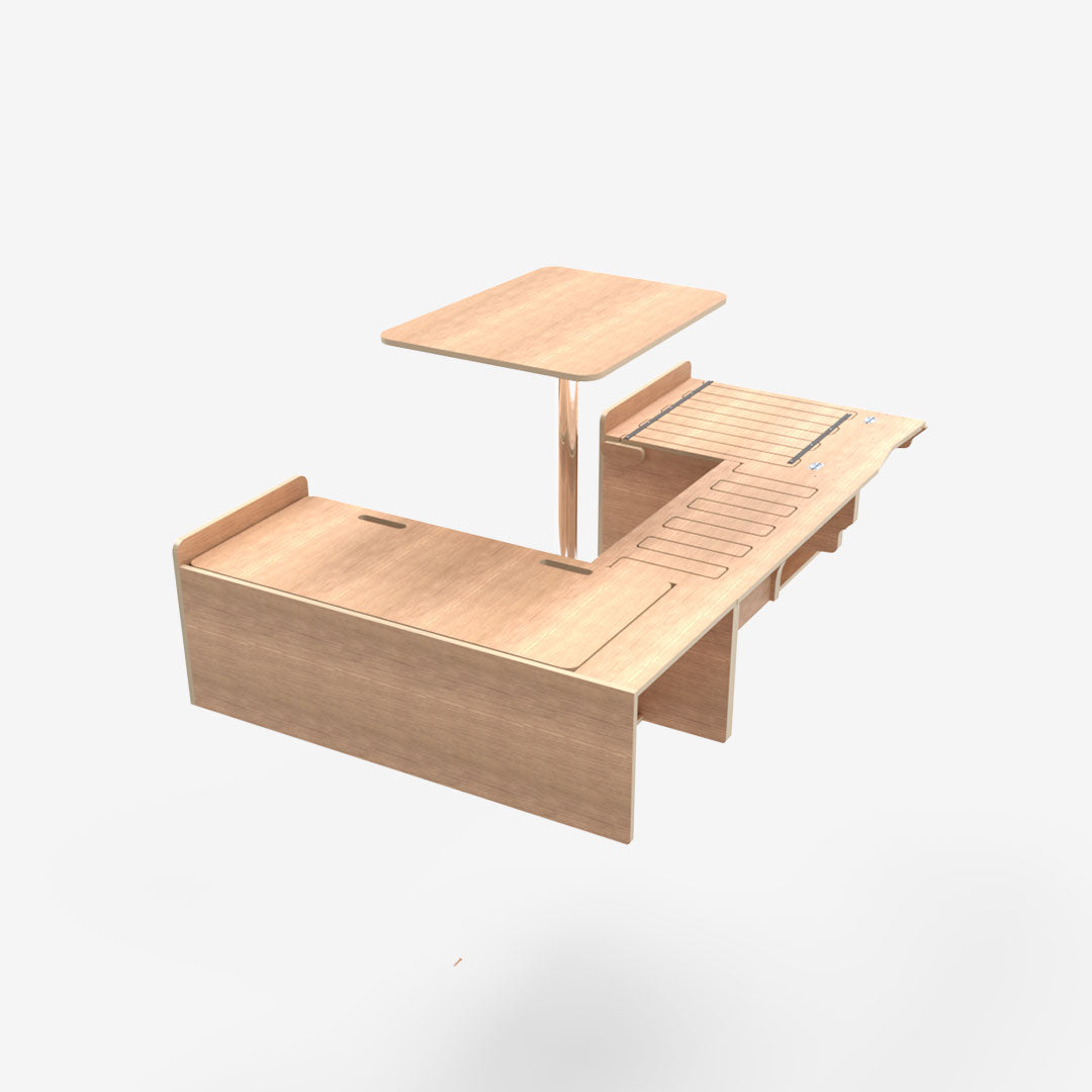 Kit pour vw T5 et T6 aménagé avec banquette en U convertible en lit 180cm vue de 3/4 arrière