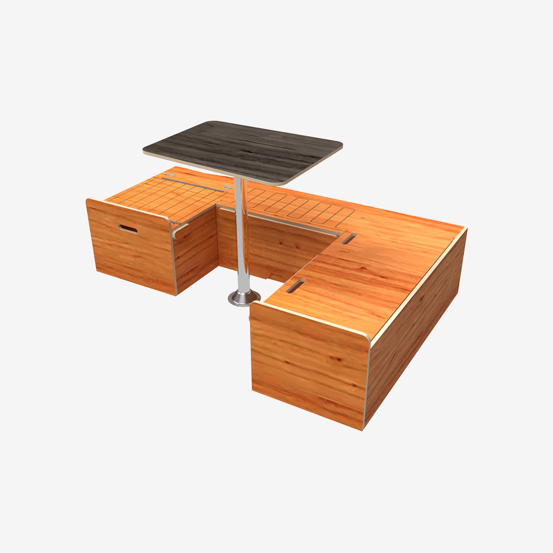 Kit aménagement de van T5 et T6 VW avec banquette en U convertible en lit. Finition contreplaqué huilé teinte chene doré