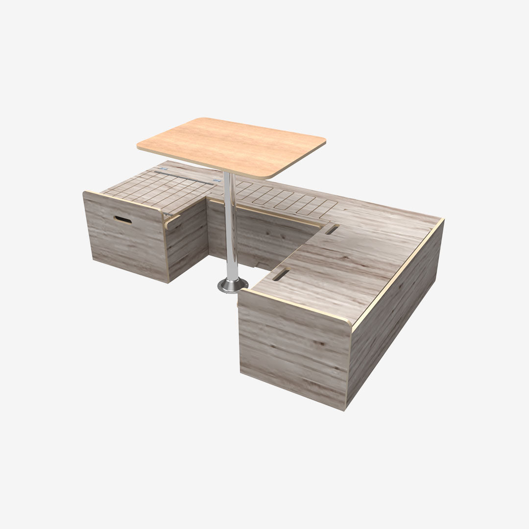 Kit aménagement de van T5 et T6 VW avec banquette en U convertible en lit. Finition contreplaqué huilé gris