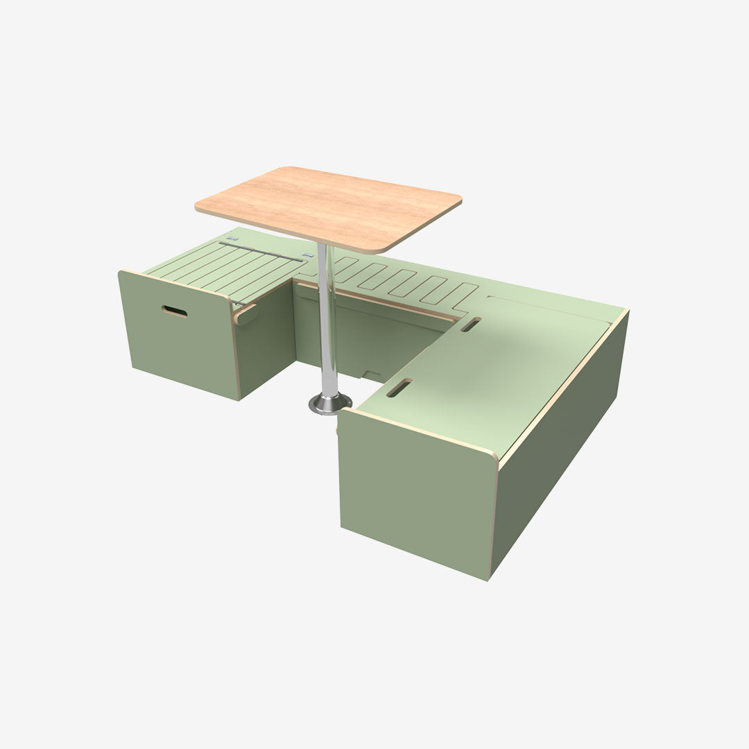 Kit aménagement de van T5 et T6 VW avec banquette en U convertible en lit. Finition contreplaqué stratifié vert