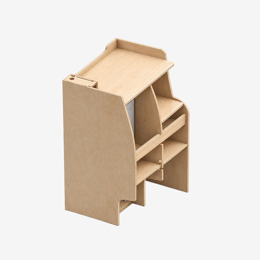 Meuble double colonne installé derrière la banquette d'un Transit Custom MK2, vue vers l'avant