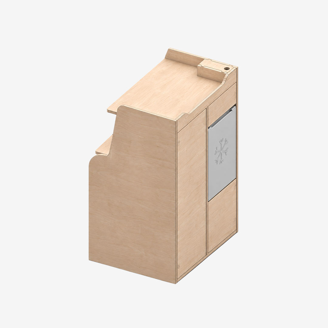 Meuble double colonne arrière gauche Exokit dans un Transit Custom MK2, vue de trois quarts arrière