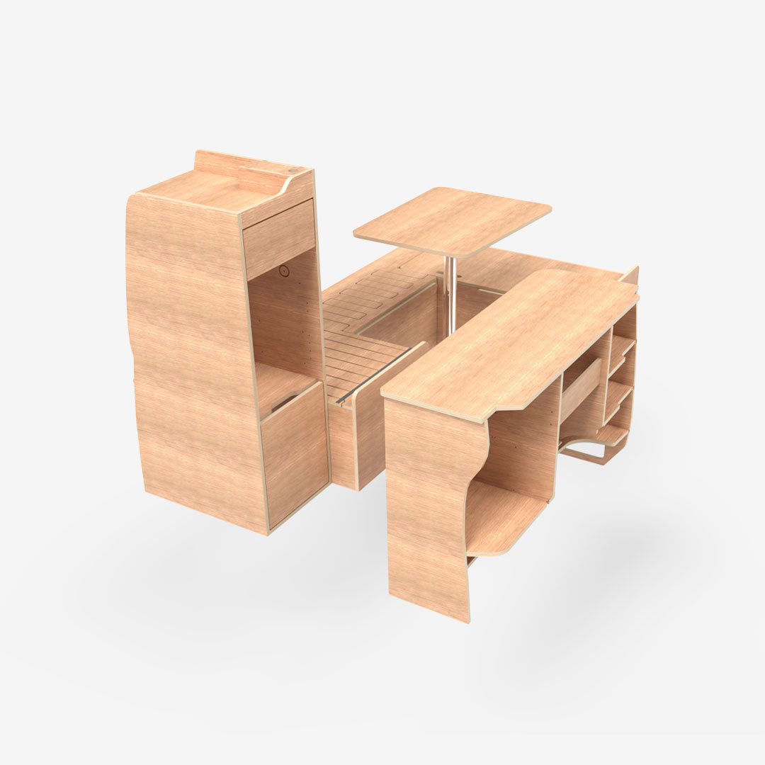 Kit complet exokit pour VW T5 et T6 avec banquette en U avant, meuble latéral droit et colonne arrière gauche vue arrière droit