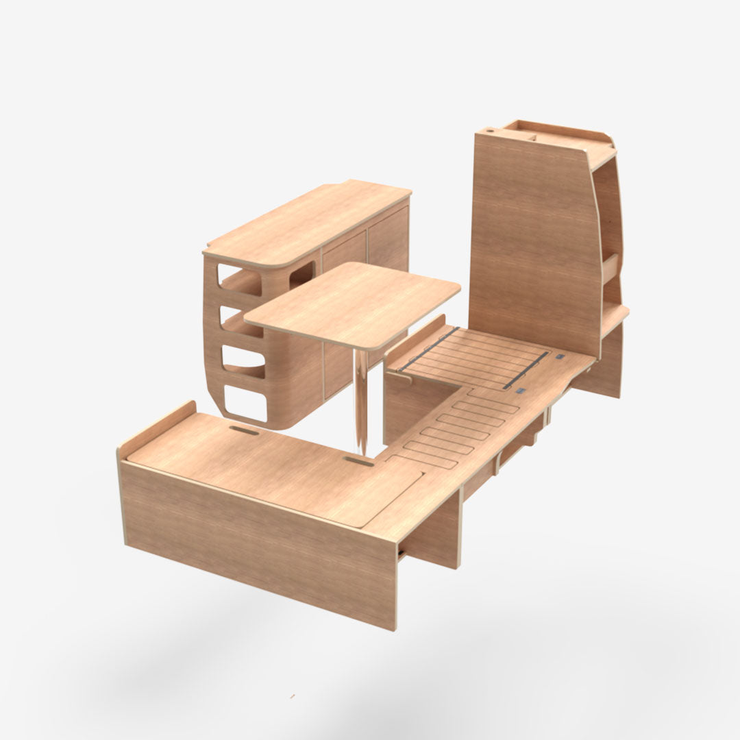 Kit complet exokit pour VW T5 et T6 avec banquette en U avant convertible en lit, meuble latéral droit et colonne arrière gauche