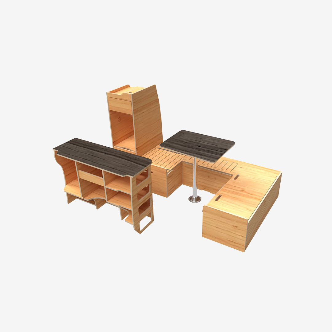 Kit complet exokit pour VW T5 et T6 avec banquette en U avant, meuble latéral droit et colonne arrière gauche huile teinte chene clair