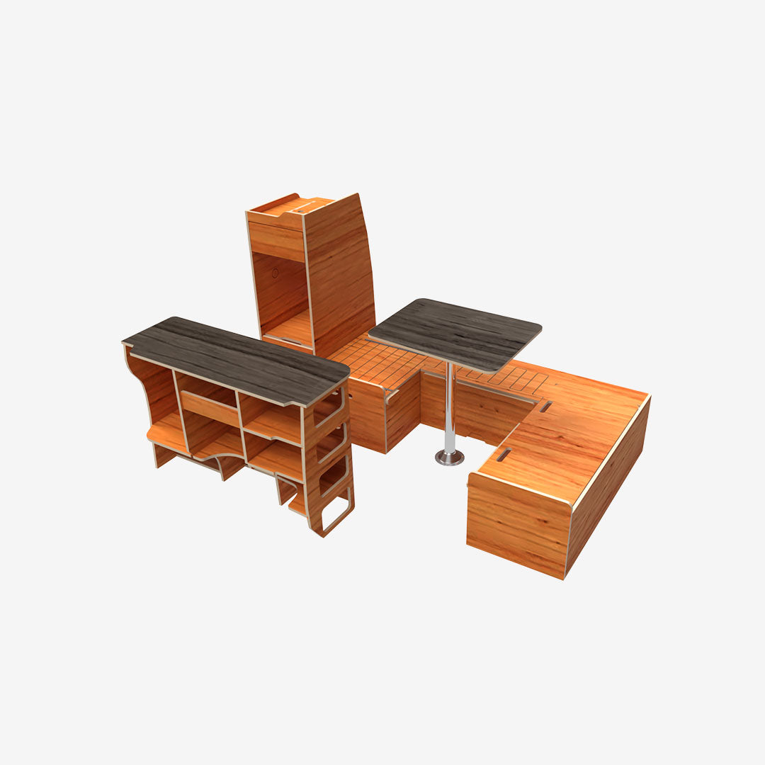 Kit complet exokit pour VW T5 et T6 avec banquette en U avant, meuble latéral droit et colonne arrière gauche huile chene dore