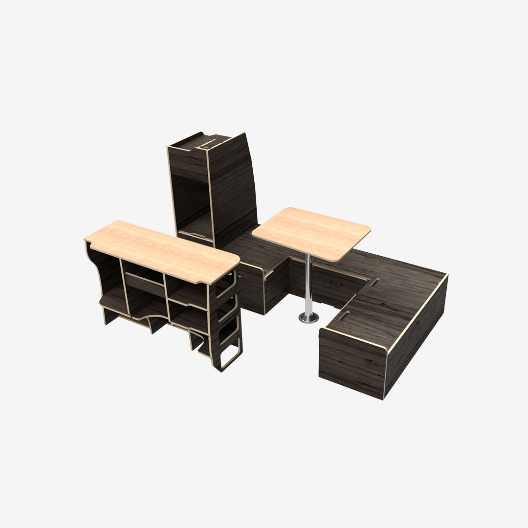 Kit complet exokit pour VW T5 et T6 avec banquette en U avant, meuble latéral droit et colonne arrière gauche huile teinte noir