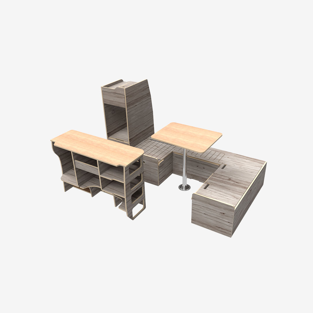 Kit complet exokit pour VW T5 et T6 avec banquette en U avant, meuble latéral droit et colonne arrière gauche huilé teinte gris