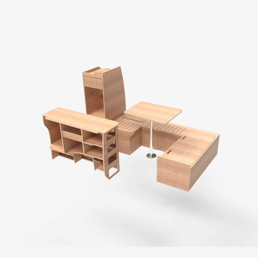 Kit complet exokit pour VW T5 et T6 avec banquette en U avant, meuble latéral droit et colonne arrière gauche contreplaqué brut