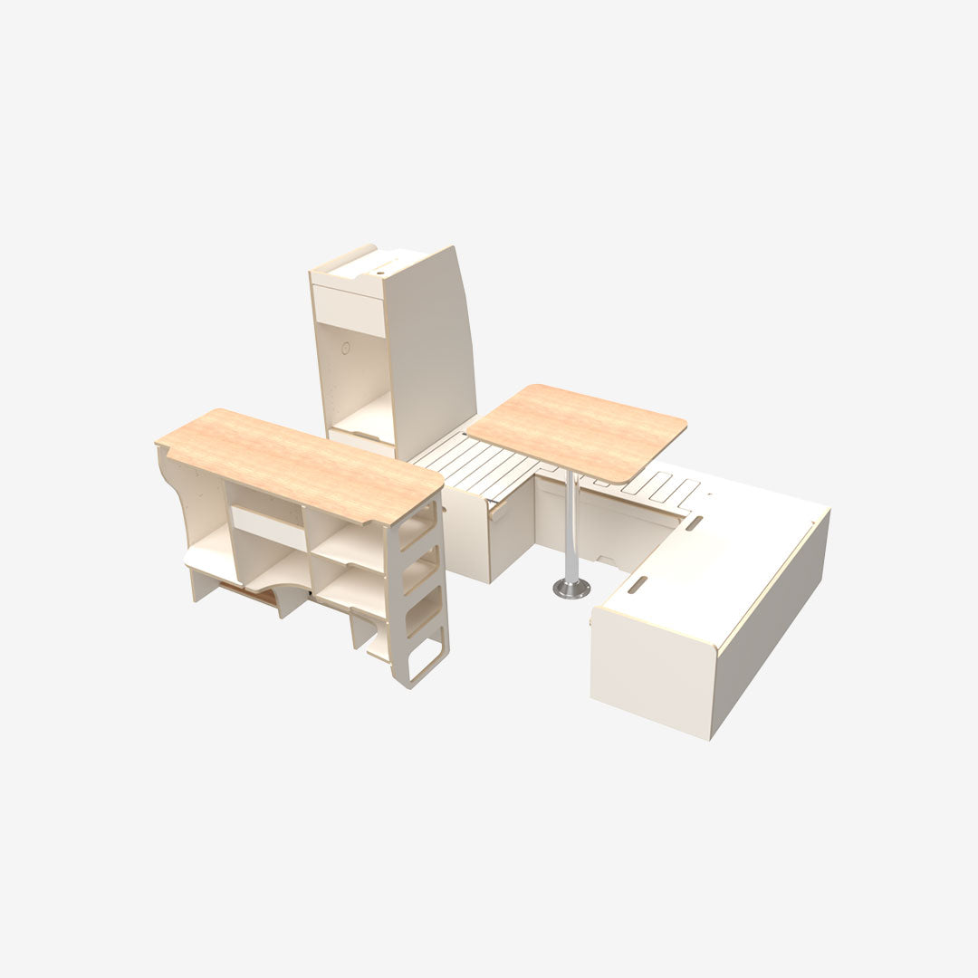 Kit complet exokit pour VW T5 et T6 avec banquette en U avant, meuble latéral droit et colonne arrière gauche finition stratifié blanc