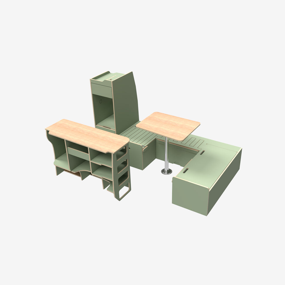 Kit complet exokit pour VW T5 et T6 avec banquette en U avant, meuble latéral droit et colonne arrière gauche finition stratifié vert