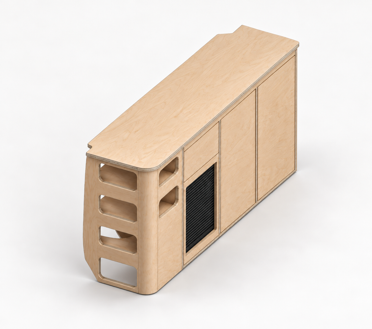 Meuble latéral droit Exokit 3 colonnes pour VW T5/T6 L2H1, contreplaqué bouleau brut, vue avant droite