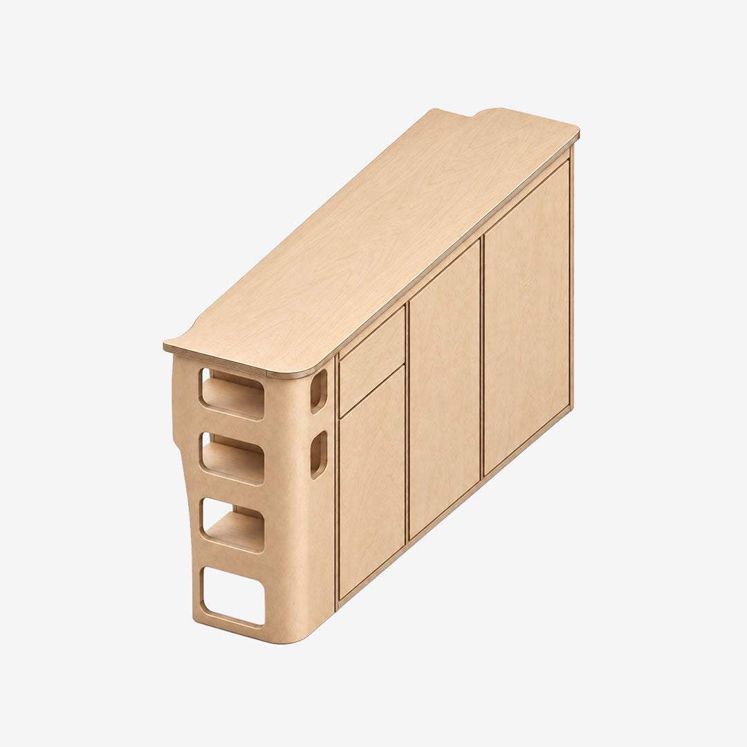 Meuble cuisine droit 3 colonnes pour Citroën Jumpy XL et Peugeot Expert long, vue de trois quarts avant